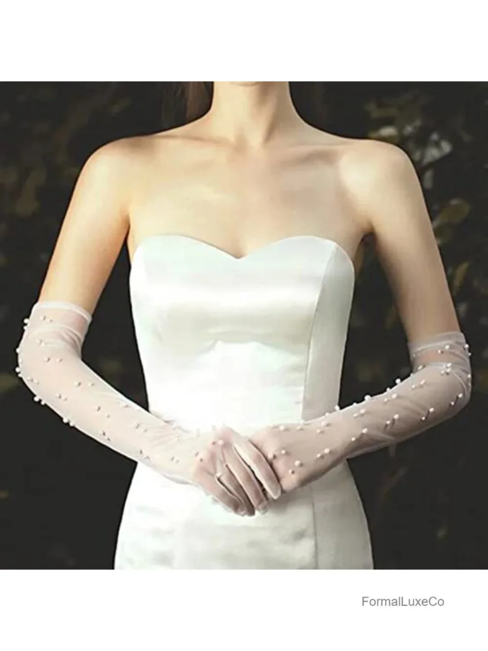 Pearl Tulle Wedding Gloves Long Opera Evening Sheer Fingerless Lace Bridal